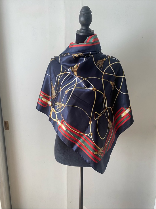 Accessories - Luxury Navy Sateen Scarf with Red & Green Stripe Accents